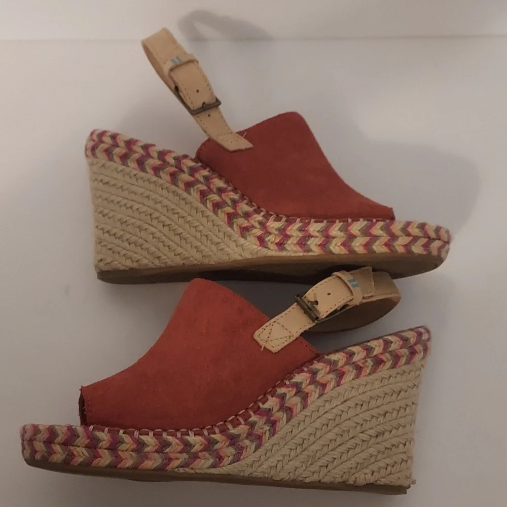 Toms Wedge Sandal Espadrille Monica Orange Suede Size 7